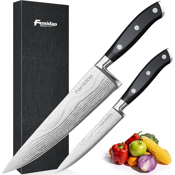 2PCS Chef Knife Set Razor Sharp Japanese Kitchen Knife Set High Carbon Steel Damascus Pattern Chef's Knives Cooking Knife with Full Tang Handle Design for Home Kitchen
