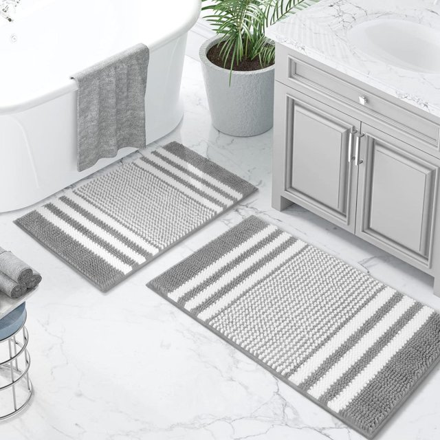 2PCS Chenille AntiSlip Bathroom Mat Set, Machine Washable Striped Bath