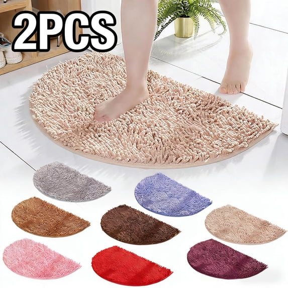 2PCS Chenille Half Circle Bathroom Rug, Non Slip Water Absorbent Bath Mat, Washable Bath Rugs for Bathroom Floor Bathtub, Plum, 1.2 x 1.8 Feet