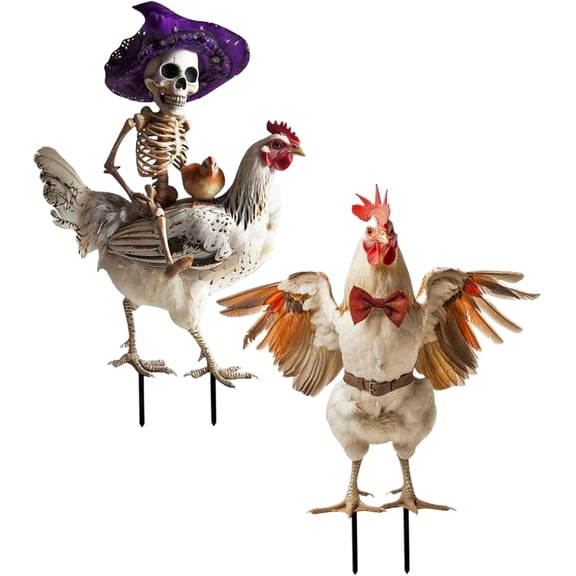 2PCS Chicken Skeleton Halloween Yard Decor, 2D Metal Rooster Ornament With Stakes For Outdoor Yard Lawn Garden Halloween Skeleton Animal Decor