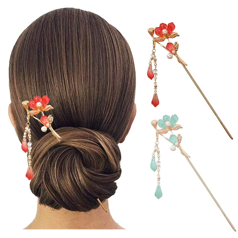 2PCS Chinese Traditional Flower Hair Sticks Vintage Pearl Metal Hairpin Handmade Hair Chopsticks Hair Styling Chignon Pins for Women Girls Red Green Walmart