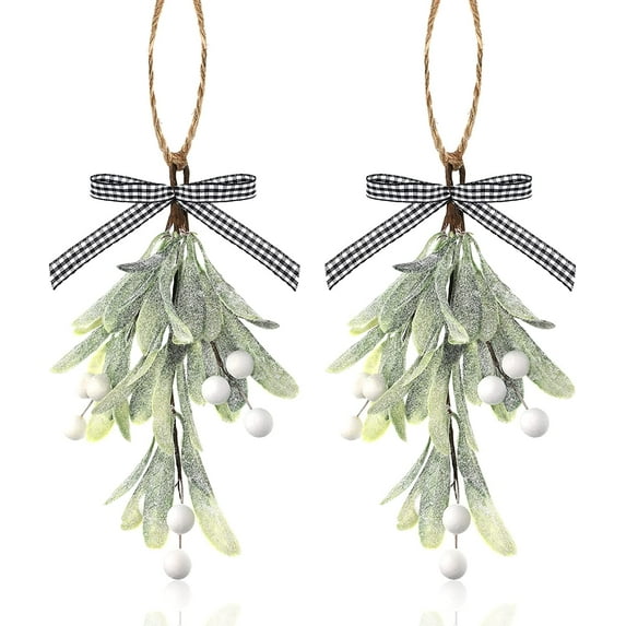 2PCS Christmas Artificial Mistletoe Decoration Picks, Buffalo Plaid Bow White Berries Mistletoe Kissing Ball Christmas Ball Ornaments Hanging Mistletoe Decoration for Christmas Party Tree Decorations