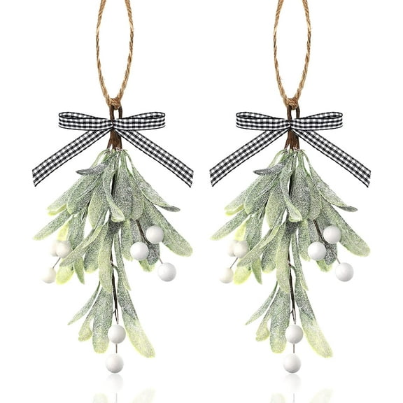 2PCS Christmas Artificial Mistletoe Decoration Picks, Buffalo Plaid Bow White Berries Mistletoe Kissing Ball Christmas Ball Ornaments Hanging Mistletoe Decoration for Christmas Party Tree Decorations