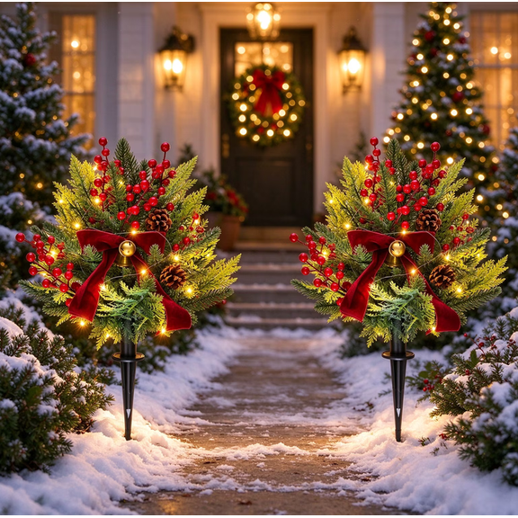 2PCS Christmas Artificial Pine Needle Garden Stake, 24 Inch Greenery Cedar Ground Stake with Bow Cedar and Red Berries, Christmas Decorations for Lawn Porch Patio
