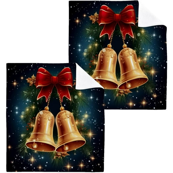 2PCS Christmas Bell Towels Cotton Washcloths Set,Quick Drying & Absorbent Soft Bathroom Hand Towel Lightweight & Portable Fingertip Towel Decor Gift