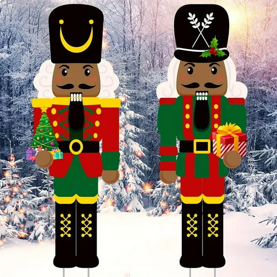 2PCS Christmas Black Nutcracker Yard Sign With Stakes, Christmas Outdoor Decorations For Lawn Sign
