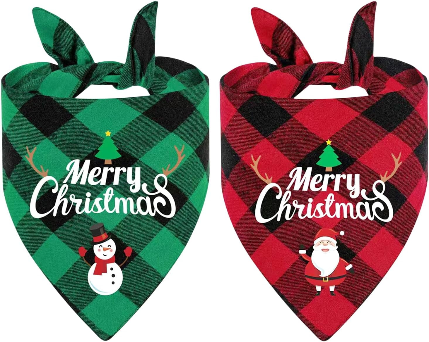 2PCS Christmas Dog Bandanas,Classic Plaid Triangle Dog Scarf Featuring Santa and Snowman Print,Holiday Dog Outfit for Boy and Girl,Winter Classic Red and Green Plaid Pet Scarf for Medium to Large Dogs