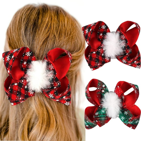 2PCS Christmas Hair Bows for Girls, Large Bow Hair Barrette Bow Clips for Toddler Baby, Christmas Plaid Hair Bow Handmade Snowflakes Bowknot Hairpins Kids Hair Accessories