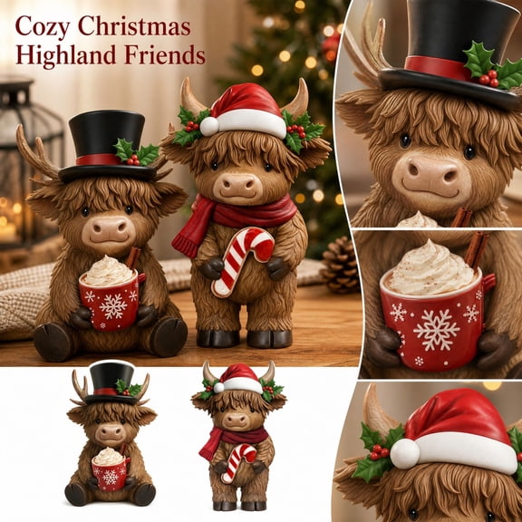 2PCS Christmas Highland Cow Figurines, Xmas Holiday Mantel Decor Cute Highland Cow Statues with Christmas Tree and Gift Box Add Cheer to Home, Tabletop or Mantel, 3.94&3.54 Inch Xmas Decor Gifts