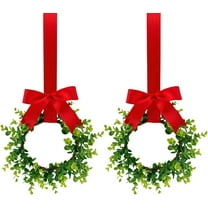 2PCS Christmas Kitchen Cabinet Wreaths Decor with Ribbon Bows 12 in Small Cabinet Wreaths Hanging Artificial Greenery Wreath for Front Door Farmhouse Wall Window Chair Christmas Garland Decoration