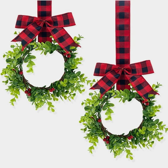 2PCS Christmas Kitchen Cabinet Wreaths with Ribbon Small Cabinet Wreaths Hanging Artificial Greenery Wreath for Door Window Chair Wall Christmas Decoration