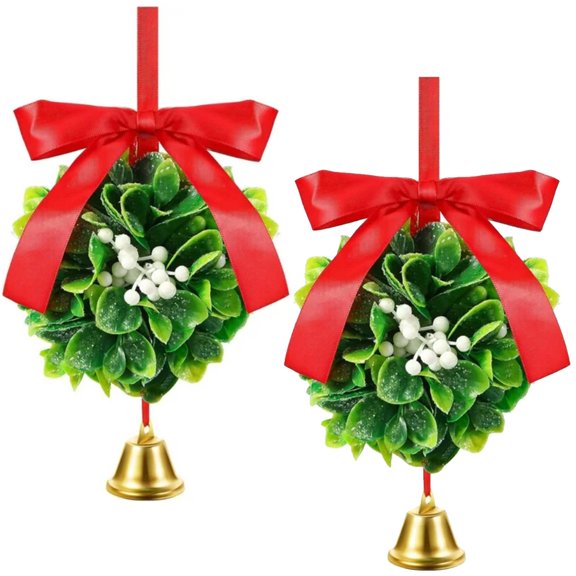 2PCS Christmas Mistletoe Balls Ornaments with Bells Artificial Hanging Mistletoe Christmas Decor Mistletoe Kissing Green