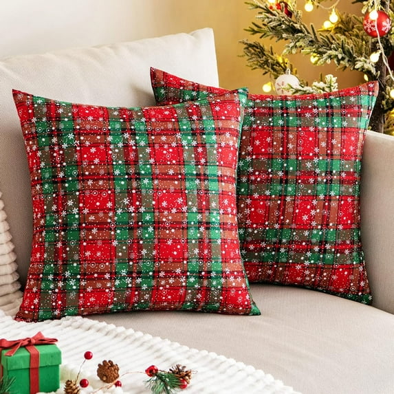 2PCS Christmas Plaid Decorative Throw Pillow Covers Snowflake for Sofa Farmhouse Decor,18x18 Inch