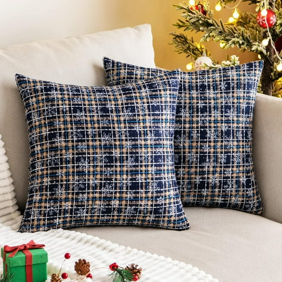 2PCS Christmas Plaid Decorative Throw Pillow Covers Snowflake for Sofa Farmhouse Decor,18x18 Inch
