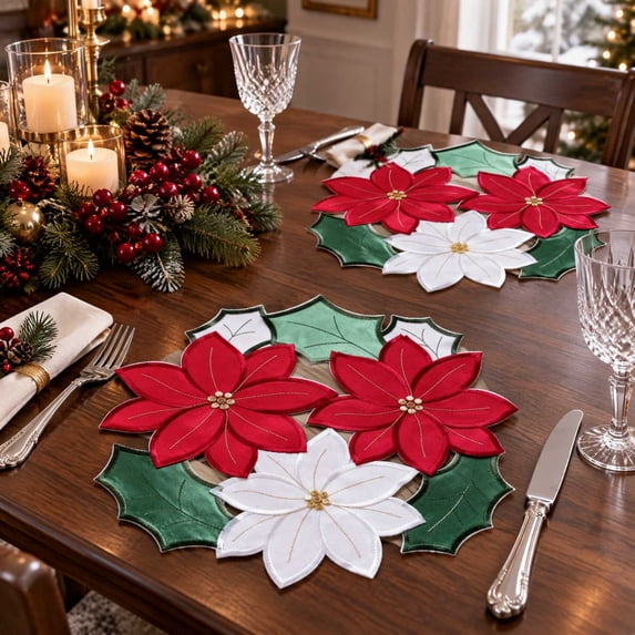 2PCS Christmas Red Floral Placemats Elegant Polyester Tabletop Decor Dining Table Holiday Party Family Gathering Seasonal Home Table Decoration