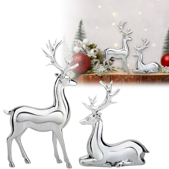 2PCS Christmas Reindeer Table Ornaments,Christmas Decoration Indoor Decor Small Resin Standing Sitting Deer Figurine,Mini Reindeer Christmas Decorations for Home Indoor Outdoor(Electroplated Silver)