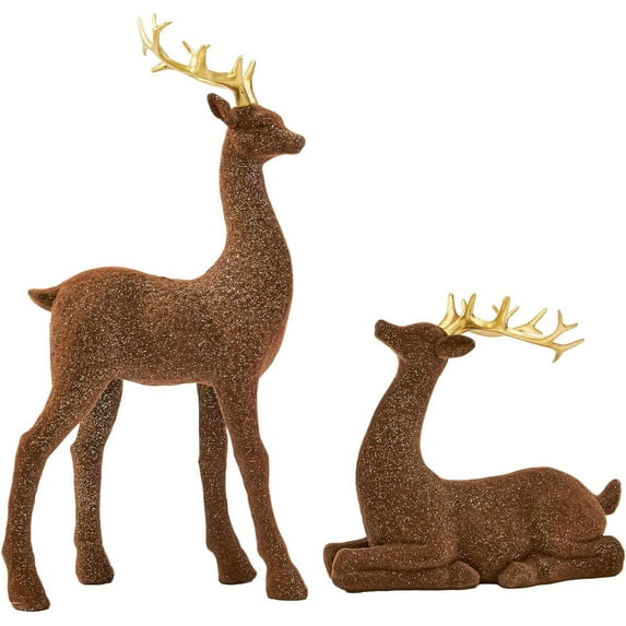 2PCS Christmas Reindeer Winter Decor, Tabletop Deer Statues Decorations, Blue Flocked Resin Reindeer Sculptures with Silver Glitter for Indoor Home Decor Mantle Living Room