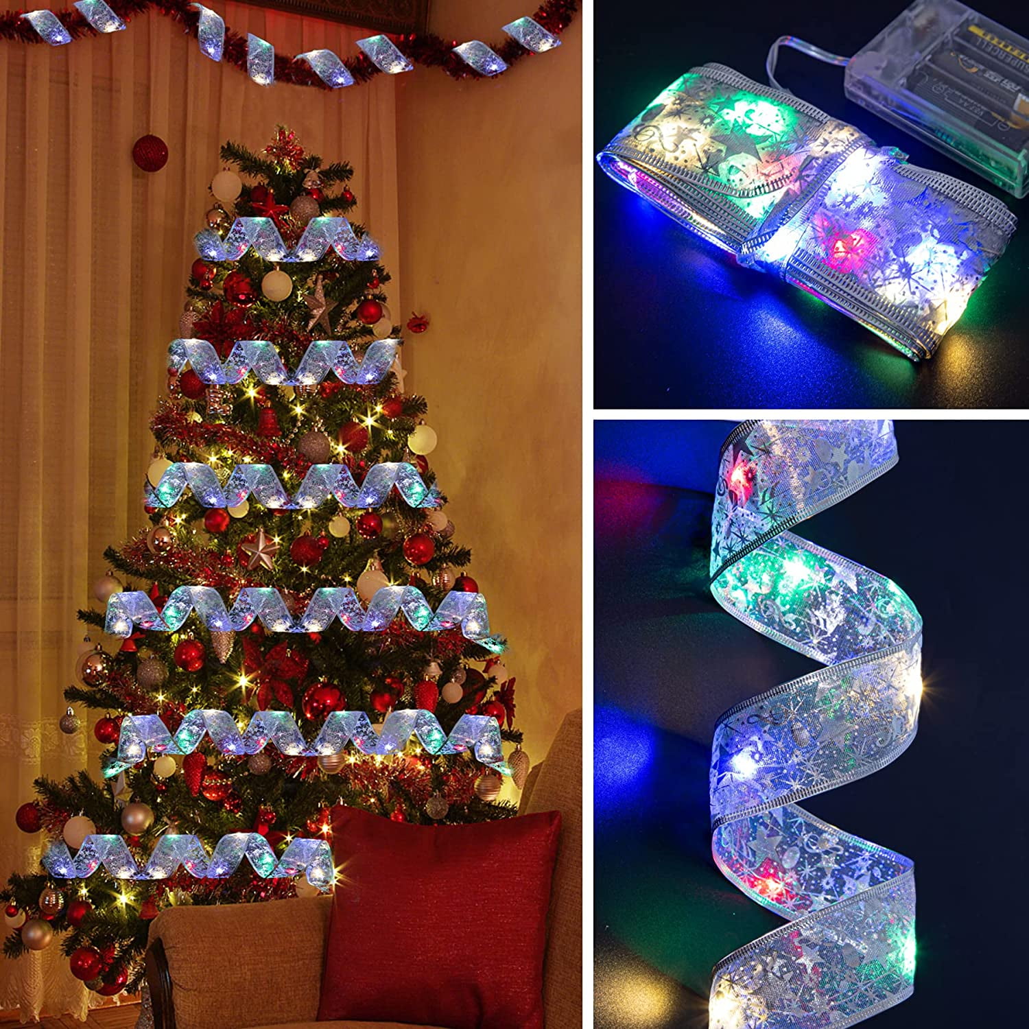 2PCS Christmas Ribbon Lights Battery Operated Fairy Led Lights ...