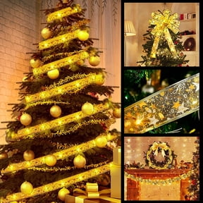 2PCS Christmas Ribbon Lights, Battery Operated Ribbon Bows String Lights Shinning Christmas Fairy Lights for Christmas Tree Weddings New Year Party