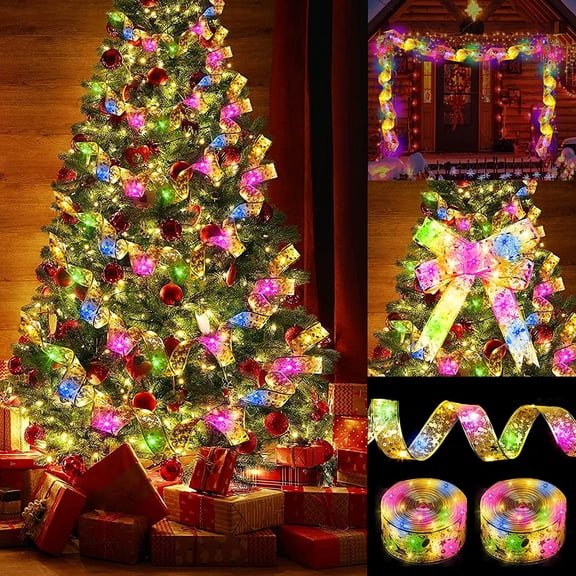 2PCS Christmas Ribbon Lights, Battery Operated Ribbon Bows String Lights Shinning Christmas Fairy Lights for Christmas Tree Weddings New Year Party