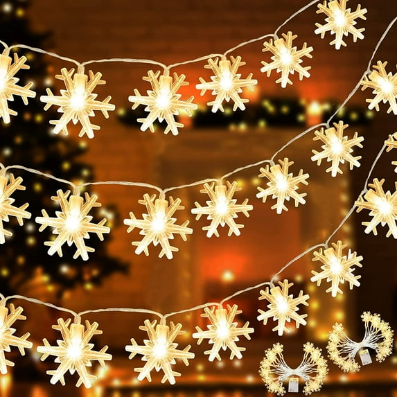 2PCS Christmas Snowflake String Lights Fairy Lights Battery Operated Waterproof for Xmas Garden Patio Bedroom Party Decor Indoor Outdoor Celebration Lighting