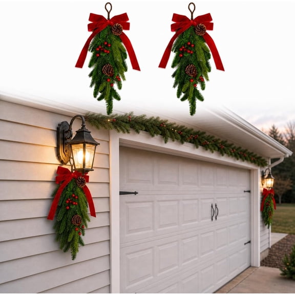 2PCS Christmas Teardrop Swag for Garage Lights with Bow, 20 Inch Artificial Holiday Swags, Outdoor Indoor Christmas Hanging Decor for Front Door, Porch, Yard (Teardrop)