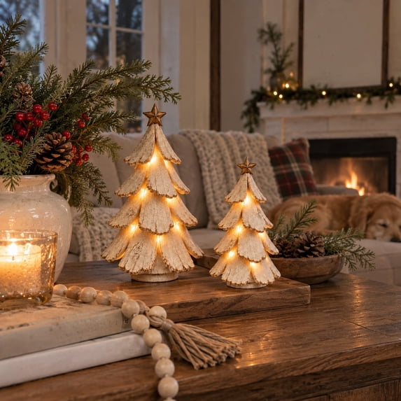 2PCS Christmas Tree Figurine, Christmas Tabletop Centerpiece with Glowing LED Lights, Winter Pine Festive Holiday Decor, Christmas Gift