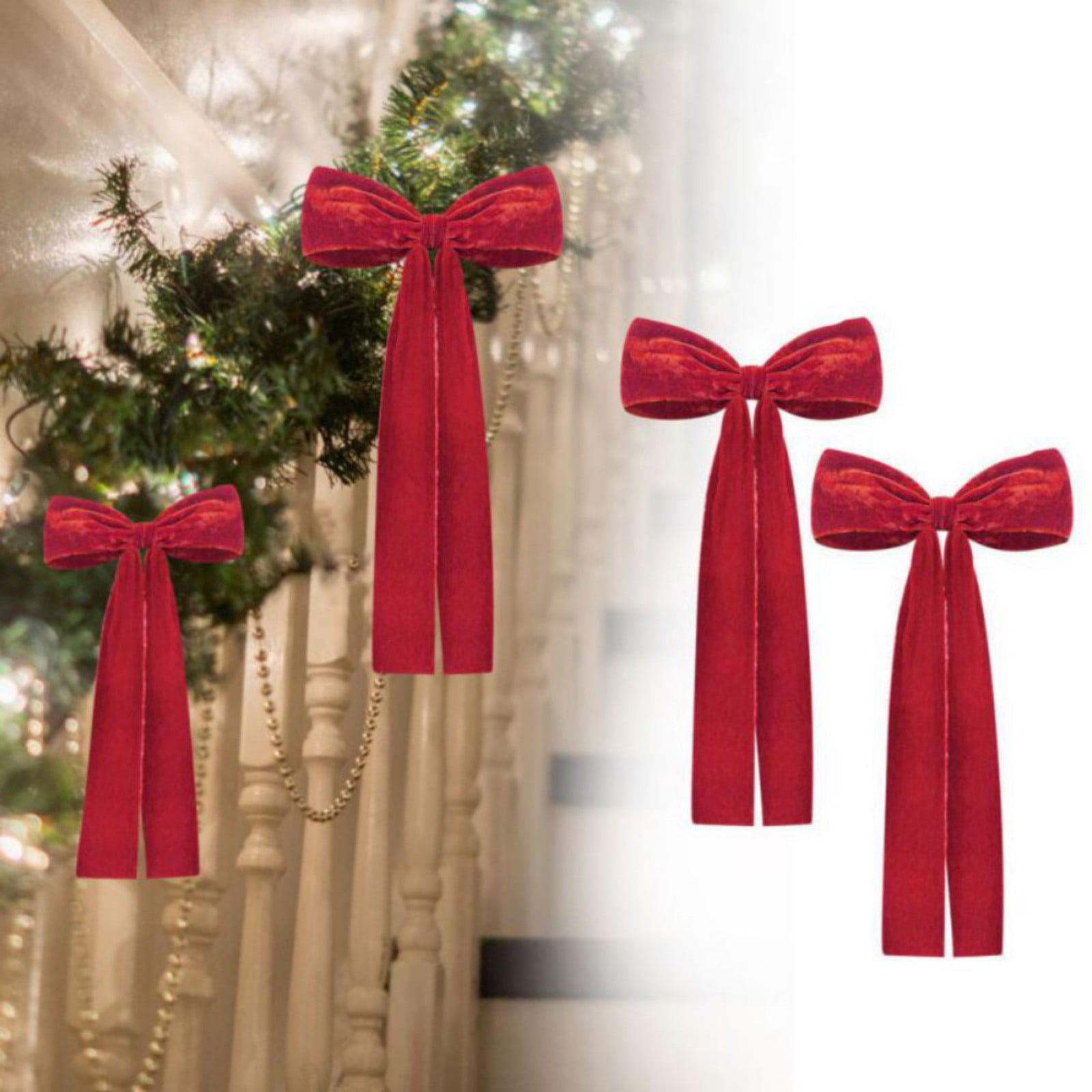 2PCS Christmas Velvet Ribbon Bows Large Fringe Holiday Tree Topper Vintage Raw Edge Bows for Christmas Tree,Stocking,Ornament,Rustic Crafts Bows for Xmas,Home Decor