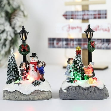 2PCS Christmas Village Houses Decorations Led Light up Christmas Tree Christmas Snowman Light Christmas Decorations Figurines Buil