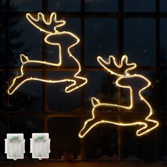 2PCS Christmas Window Lights Decoration Battery Powered, Indoor Deer Shape 20 LED Copper Wire Hanging String Lights For Home, Living Room (Warm White)