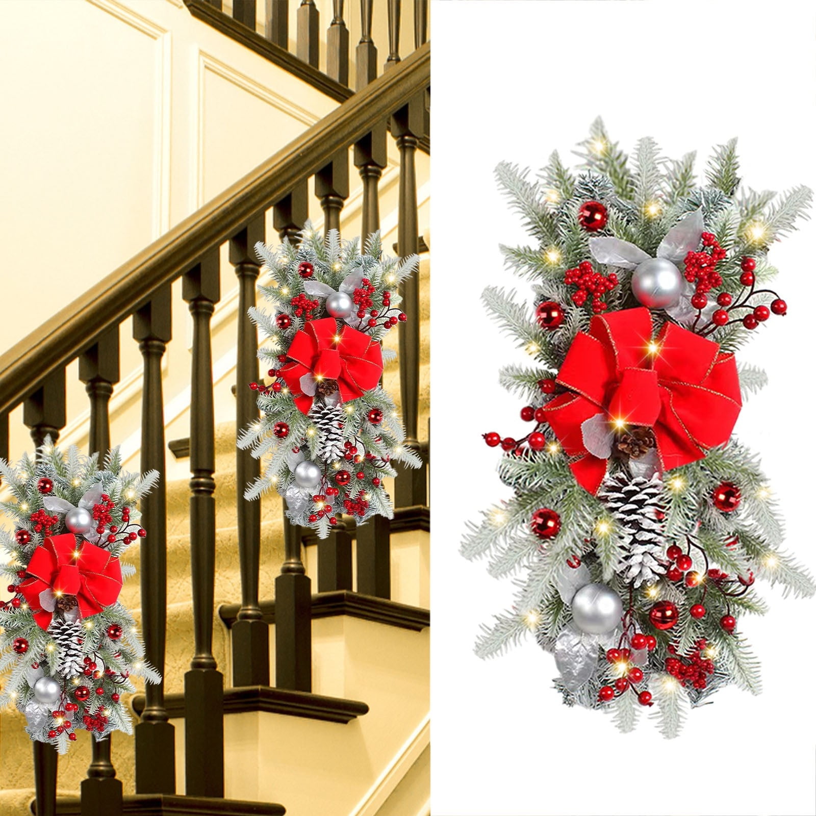 2PCS Christmas Wreath Bow With Lights Outdoor Christmas Wreath For