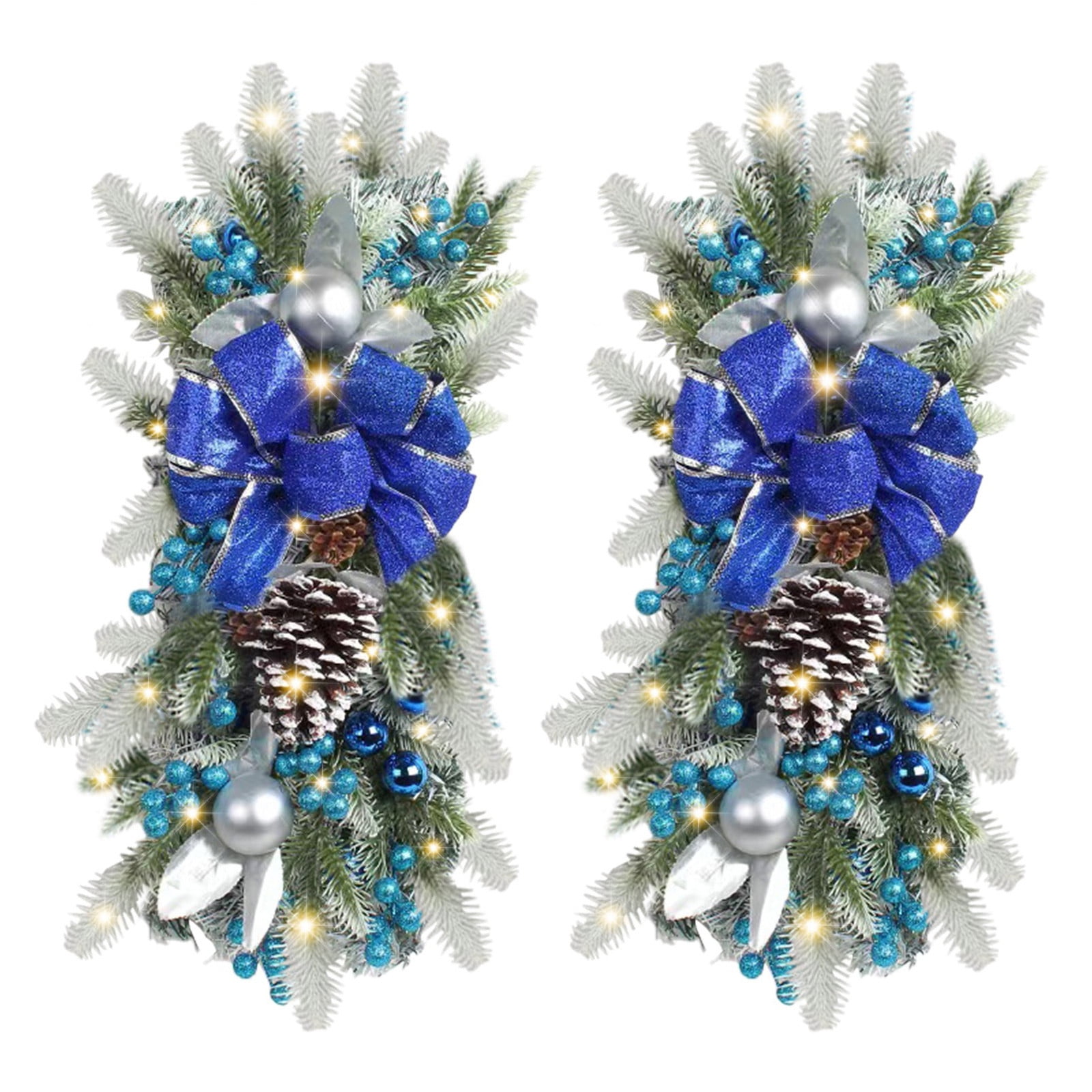 2PCS Christmas Wreath Bow With Lights Outdoor Christmas Wreath For