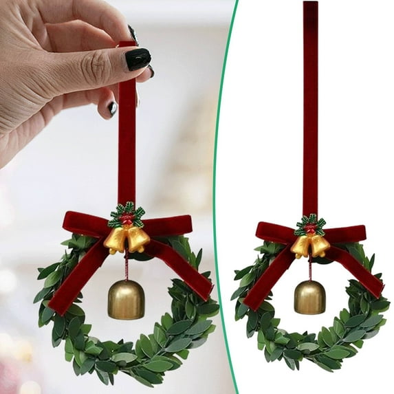 2PCS Christmas Wreath Ornaments with Bells & Bow, Holiday Hanging Decorations for Front Door, Wall, Window, Tree, Car – Festive Ready-to-Use Décor