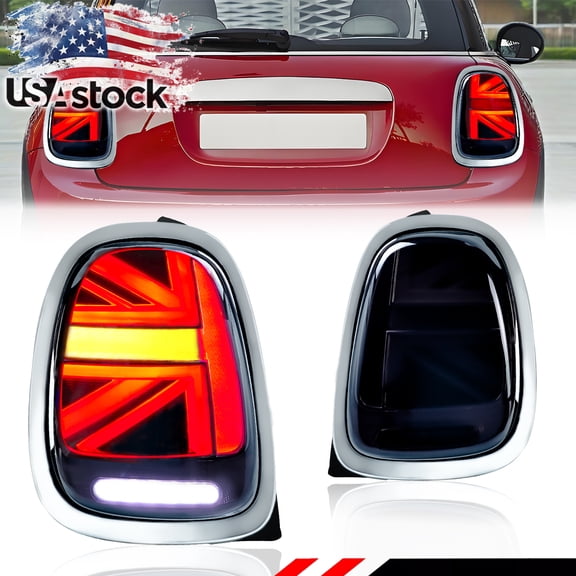 2PCS Chrome Smoked Lens Rear Bumper Union Jack Tail Light Brake Light Backup Lights Reverse Light Turn Signal Light DRL Light With Red/White/Amber LED For 2014-2021 Mini Cooper F55 F56 F57