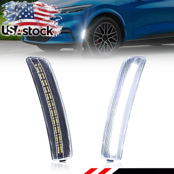 2PCS Clear Lens Front Bumper Fender Light Side Marker Light Turn Signal Light Turn Warning Light Reflector Light With White LED For 2021 2022 2023 2024 2025 Ford Mustang Mach-E