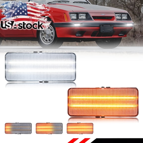 2PCS Clear Lens Front Bumper Parking Light Side Marker Light Turn Signal Light Turn Warning Light With Switchback Amber Sequential & White LED For 1979 1980 1981 1982 1983 1984 1985 1986 Ford Mustang