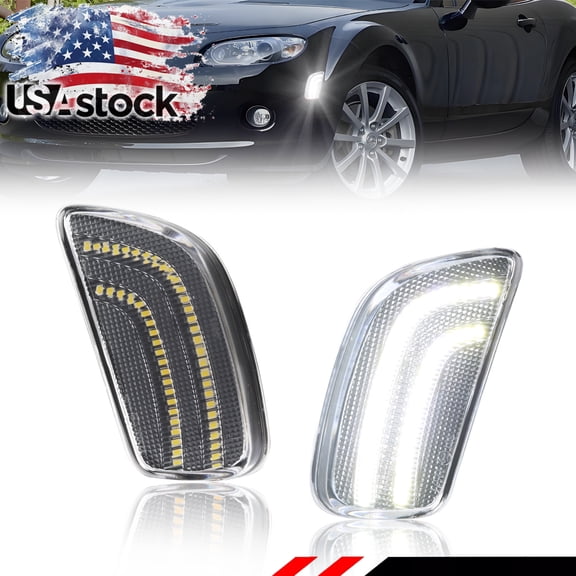 2PCS Clear Lens Front Bumper Parking Light Side Marker Light Turn Signal Light Turn Warning Light with White Full LED For 2006 2007 2008 MAZDA MX-5 MIATA
