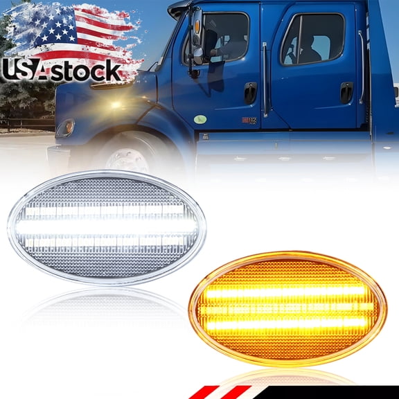 2PCS Clear Lens Front Corner Light Fender Light Hood Light Side Marker Light Turn Signal Light Turn Warning Light W/Amber/White LED For 2002-2022 Freightliner M2 106 112 2004-2012 Business Class M2