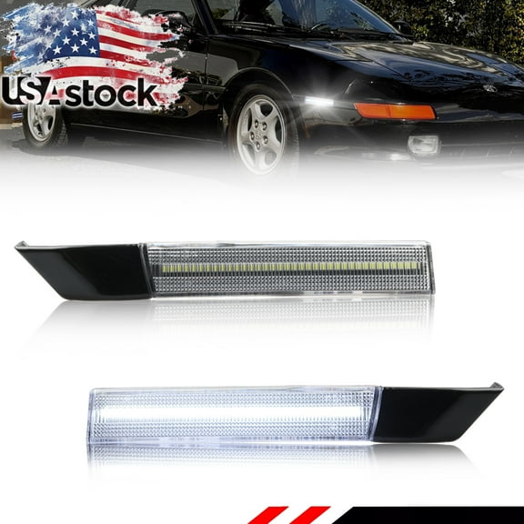 2PCS Clear Lens Front Side Marker Light Fender Light Turn Signal Light Turn Warning Light with White LED For 1991 1992 1993 1994 1995 Toyota MR-2 SW20 2nd Gen All Models