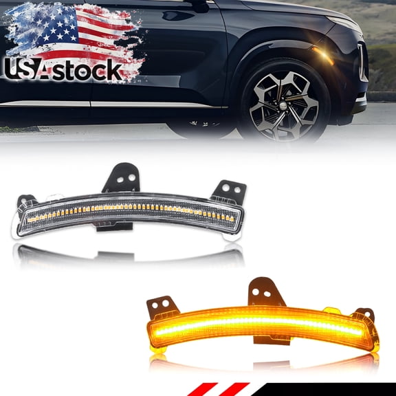 2PCS Clear Lens Front Side Marker Light Fender Light Turn Signal Light Turn Warning Light with Amber LED For 2020 2021 2022 Hyundai Palisade