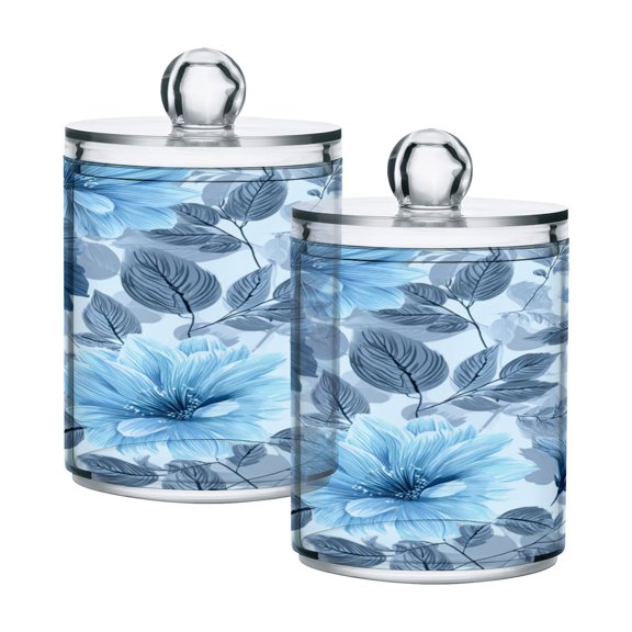 2PCS Clear Storage Jars Cotton Swabs Cans Translucent Plasticental Floss Cans Cotton Pads Cans Bathroom Canisters Calm Light Blue Floral Pattern
