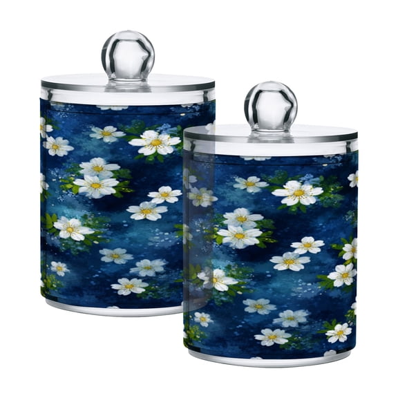 2PCS Clear Storage Jars Cotton Swabs Cans Translucent Plasticental Floss Cans Cotton Pads Cans Bathroom Canisters Cobalt Sky Floral Dots
