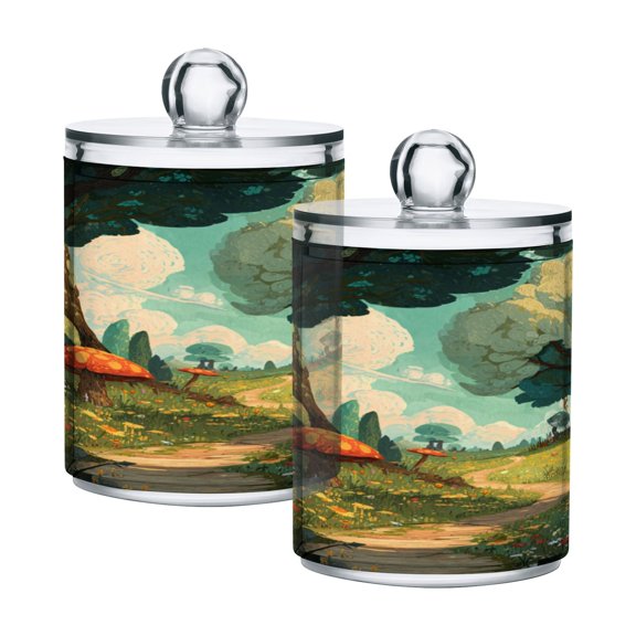 2PCS Clear Storage Jars Cotton Swabs Cans Translucent Plasticental Floss Cans Cotton Pads Cans Bathroom Canisters Path Leading Enchanted Forest