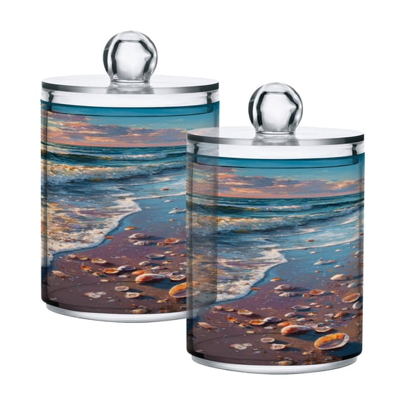 2PCS Clear Storage Jars Cotton Swabs Cans Translucent Plasticental Floss Cans Cotton Pads Cans Bathroom Canisters Seashell Beach Scene