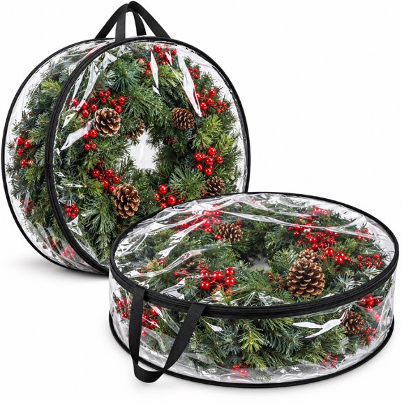 Christmas Wreath Storage Bags, 24 Inch, 2 Pack, Clear PVC with Handles, Black