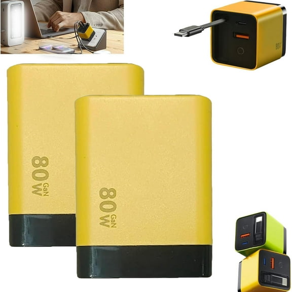 2PCS 3 in 1 GaN Charger, Scalable 80w Max Fast Charger Module with Type-C Cable and 2 USB Ports, Three Port Fastcharging, Not Damagingthe Battery for Phone and Laptops
