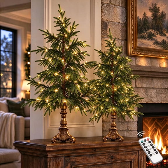 2PCS Clearance Vintage Lighted Norfolk Pine Tree, Antique Bronze Pedestal Christmas Decoration with Warm LED Lights Tabletop Christmas Decor