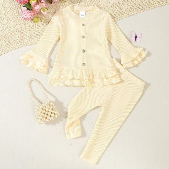 2PCS Clothes Set Outfits Girls New Children's and Girls' Solid Color Lace Button Hoodie Leg Tied Pants Two Piece Set Long Sleeve Round Neck Tops/Shirt Set Style B-28 Beige 80
