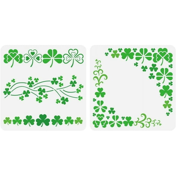 2PCS Clover Stencil for Painting 11.8x11.8 inch Reusable Three Leaf Clover Drawing Template Large Border Corners Stencil for Painting St. Patrick's Day Theme Template for DIY Crafts White