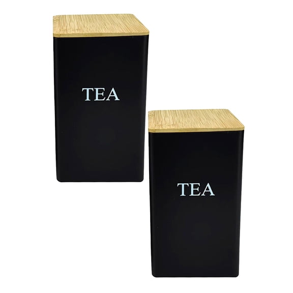 2PCS Coffee Tea Sugar Container ,Iron Storage Tin with Lid, Square Airtight Food Container Jars for Farmhouse Kitchen Dining Room Countertop Decor--Black(tea)